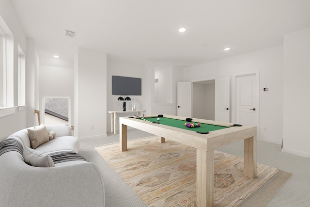 rec room featuring light carpet, billiards, visible vents, and recessed lighting