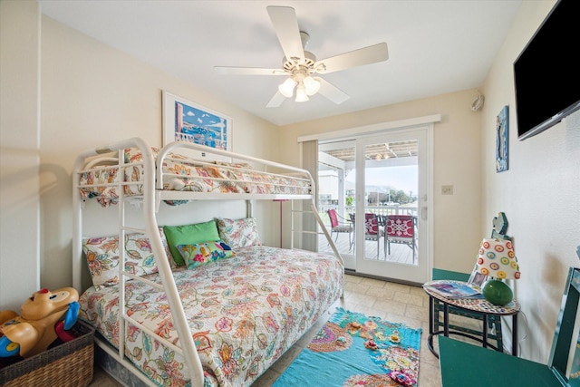 bedroom featuring a ceiling fan and access to outside