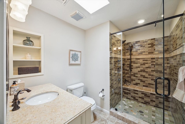 full bathroom with visible vents, baseboards, toilet, vanity, and a shower stall