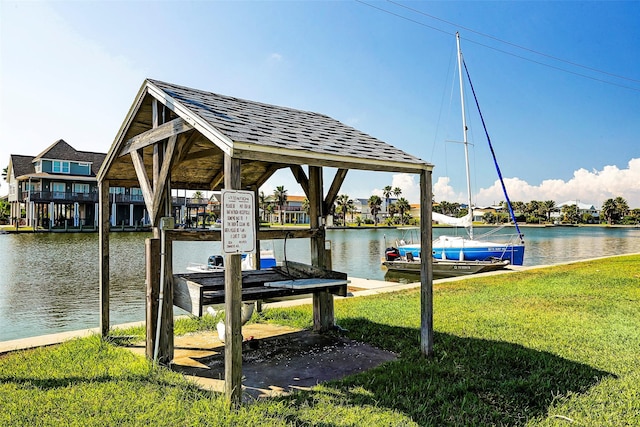 dock area featuring a lawn and a water view