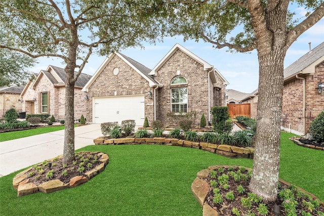 view of front of house featuring a garage, brick siding, fence, driveway, and a front yard