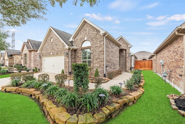 view of side of property with a garage, brick siding, fence, driveway, and a lawn