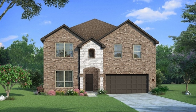 view of front of home with an attached garage, a front lawn, concrete driveway, stone siding, and brick siding