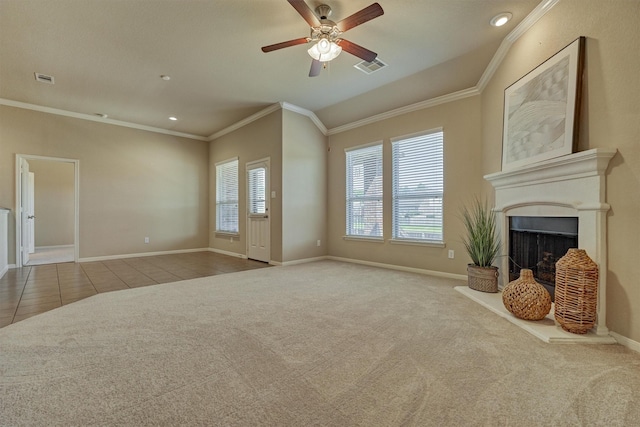 tiled living room with carpet floors, ornamental molding, and a fireplace with raised hearth