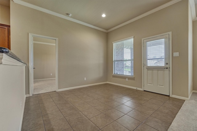 unfurnished room with light tile patterned floors, baseboards, crown molding, and recessed lighting