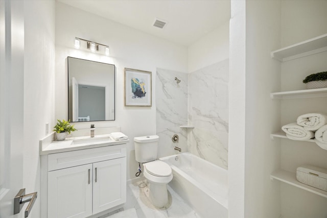 full bath featuring marble finish floor, shower / bathtub combination, visible vents, toilet, and vanity