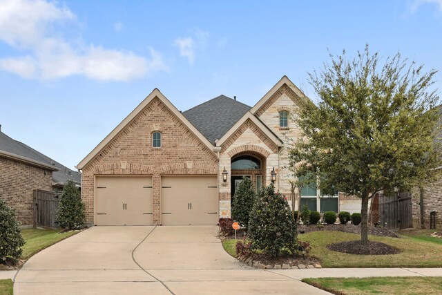 5615 Alexan Crest Dr, Fulshear, TX 77441 - french country style house with brick siding, concrete driveway, a shingled roof, and stone siding