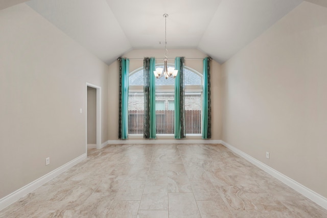 empty room with baseboards, vaulted ceiling, and a notable chandelier