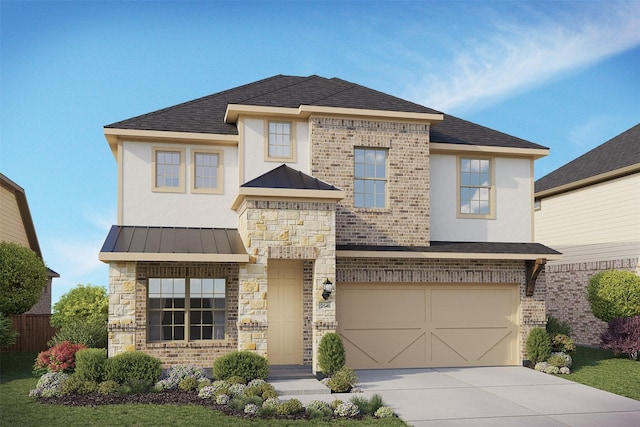 view of front facade featuring metal roof, a shingled roof, stone siding, driveway, and a standing seam roof