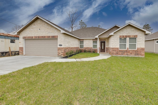 ranch-style home featuring a shingled roof, concrete driveway, an attached garage, a front lawn, and brick siding