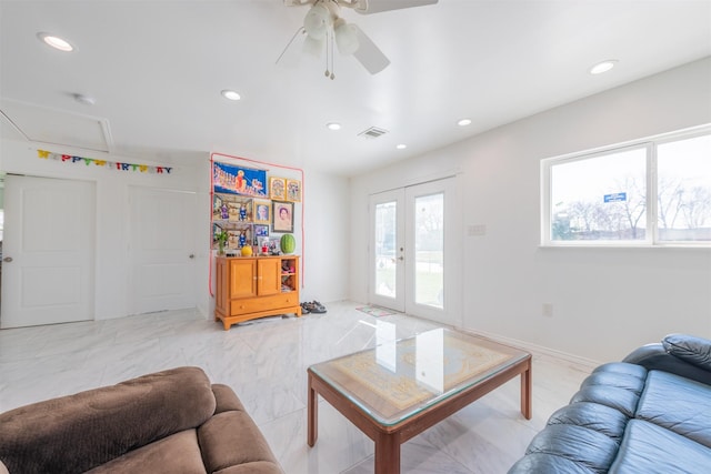 living room with french doors, a ceiling fan, visible vents, and recessed lighting