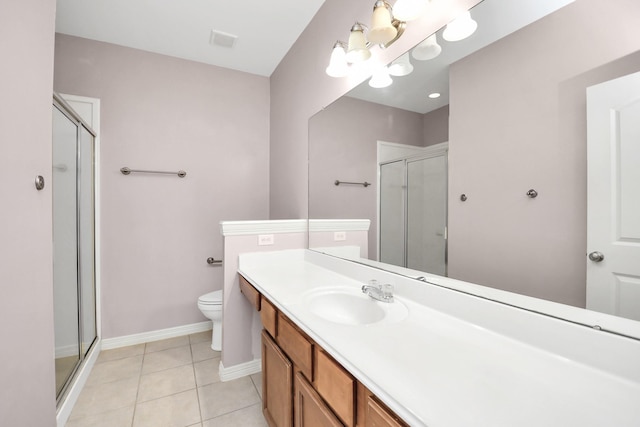 full bathroom featuring a stall shower, visible vents, vanity, and tile patterned floors