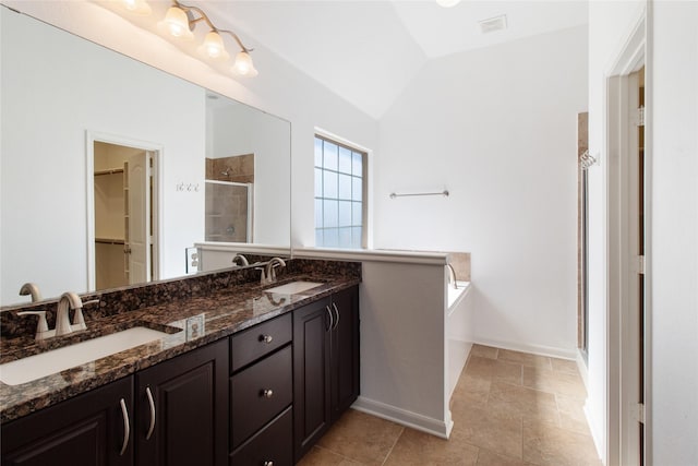 full bathroom featuring a shower stall, a spacious closet, vaulted ceiling, and a sink