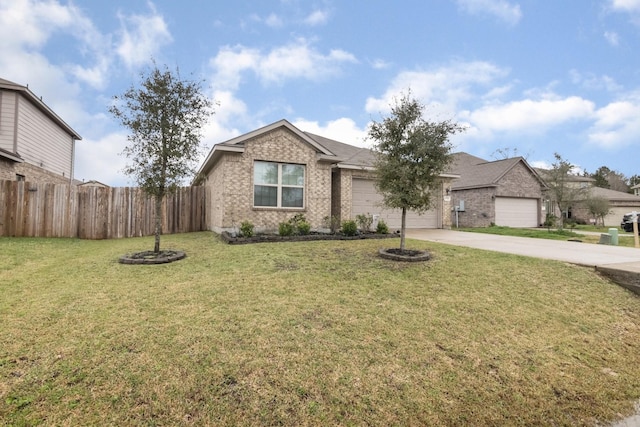 ranch-style home featuring brick siding, concrete driveway, an attached garage, a front yard, and fence