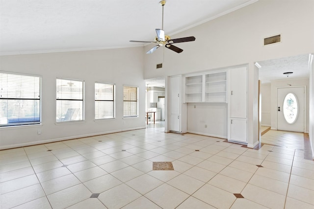 unfurnished living room with ornamental molding, visible vents, ceiling fan, and light tile patterned floors