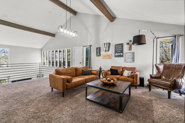 living area featuring carpet floors, high vaulted ceiling, and beam ceiling