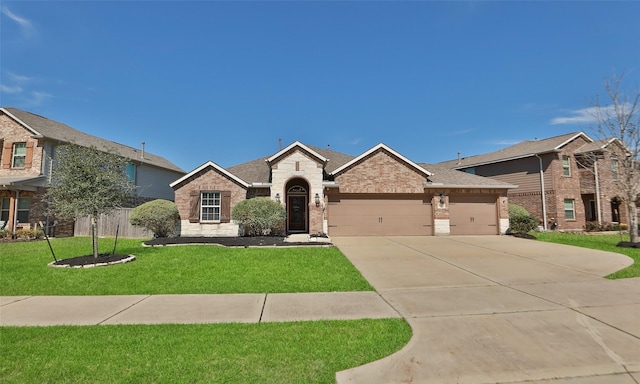 view of front of home with a garage, brick siding, driveway, roof with shingles, and a front lawn