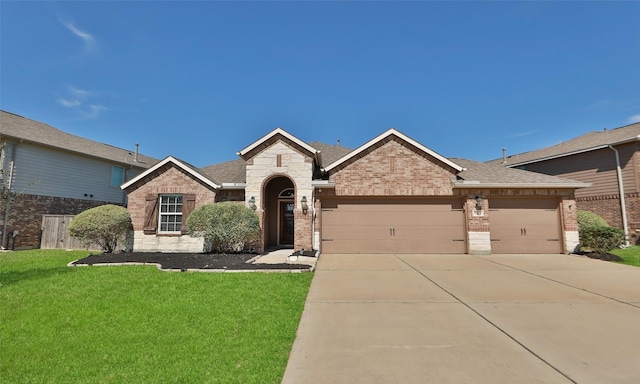 view of front of house with a garage, brick siding, a shingled roof, driveway, and a front lawn