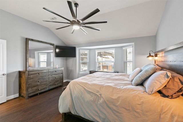 bedroom featuring dark wood-style flooring, vaulted ceiling, baseboards, and ceiling fan