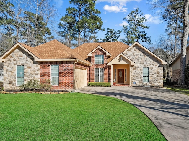 view of front of property featuring a garage, concrete driveway, roof with shingles, a front lawn, and brick siding