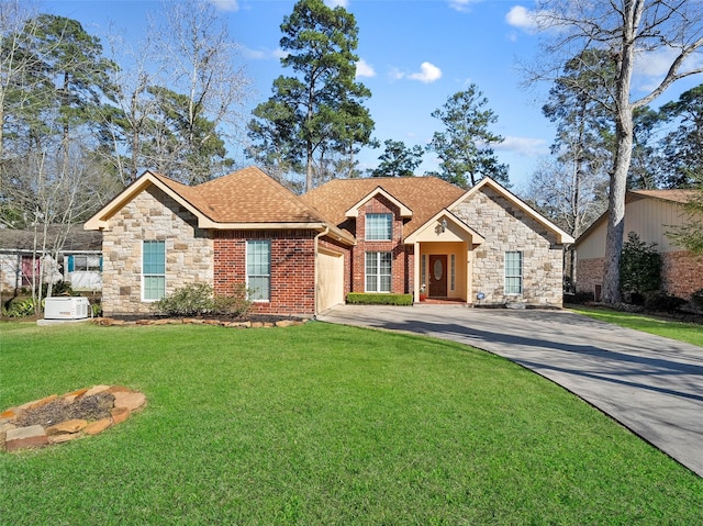 view of front of house with an attached garage, brick siding, driveway, roof with shingles, and a front yard