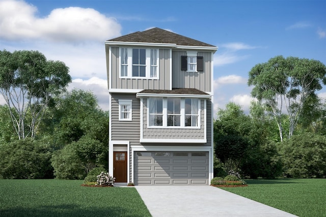 raised beach house with driveway, an attached garage, a front lawn, and board and batten siding