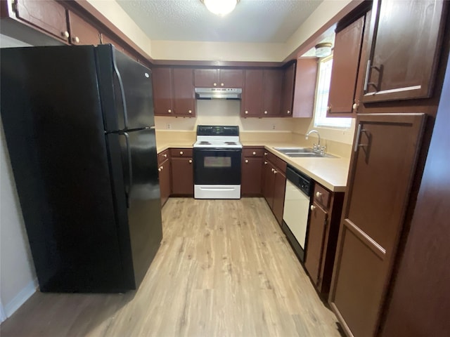 kitchen with under cabinet range hood, a sink, freestanding refrigerator, electric range oven, and dishwasher