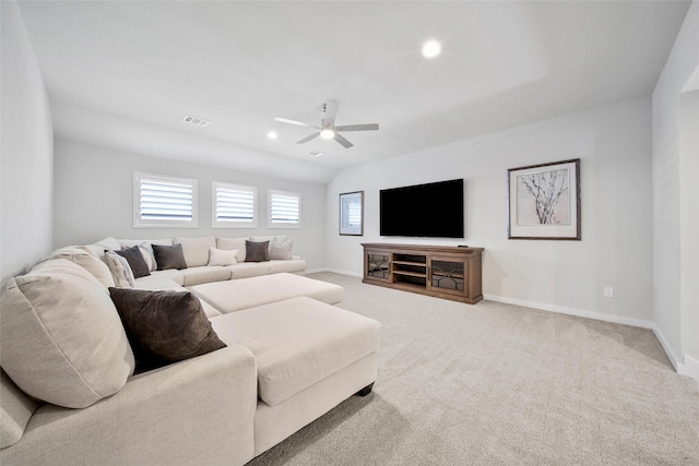 carpeted living area with baseboards, visible vents, ceiling fan, and recessed lighting