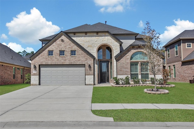 french country style house with stone siding, brick siding, driveway, and a front lawn