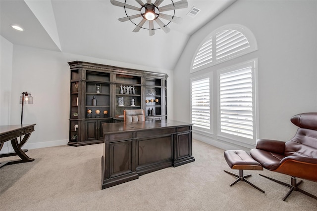 home office with baseboards, visible vents, light colored carpet, lofted ceiling, and recessed lighting