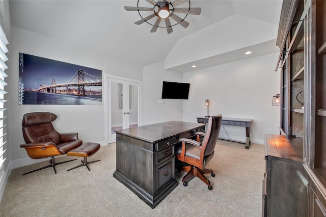 office space featuring light carpet, baseboards, vaulted ceiling, french doors, and recessed lighting