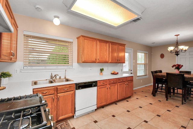 kitchen featuring a sink, range hood, light countertops, and dishwasher