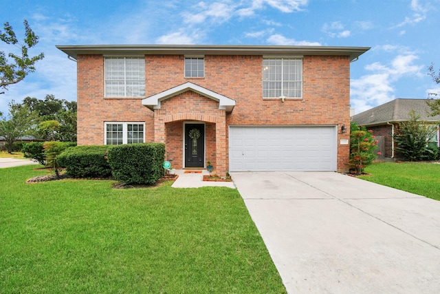 traditional-style house featuring brick siding, an attached garage, driveway, and a front lawn