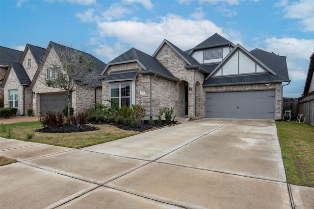 view of front of house featuring a garage, concrete driveway, brick siding, and roof with shingles