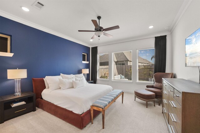 bedroom featuring crown molding, recessed lighting, light colored carpet, visible vents, and ceiling fan