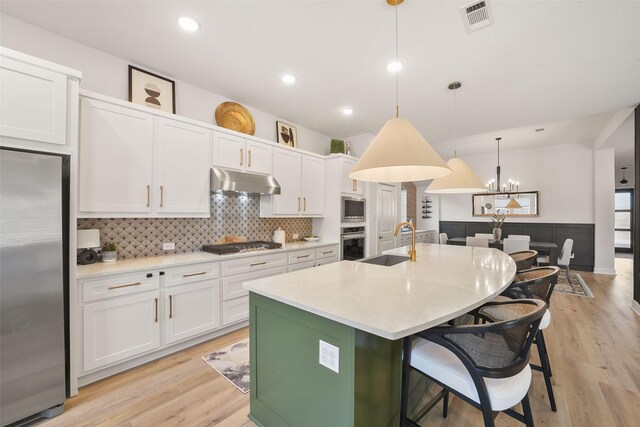 kitchen with under cabinet range hood, stainless steel appliances, a sink, visible vents, and white cabinets