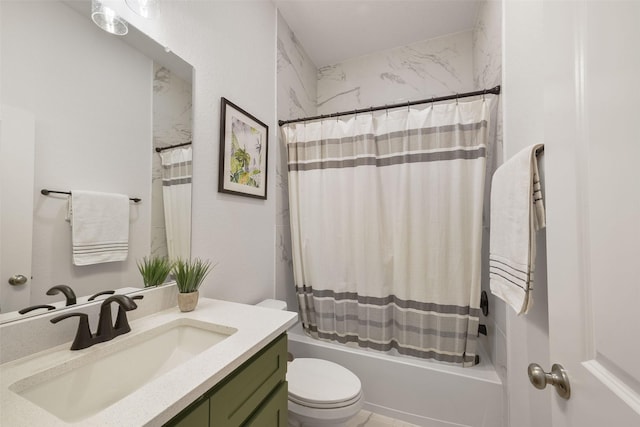 full bathroom featuring shower / bath combination with curtain, vanity, and toilet