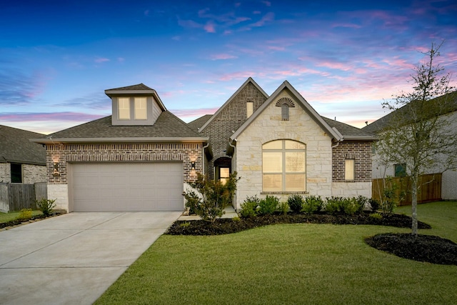 french country home with an attached garage, fence, concrete driveway, roof with shingles, and a front yard