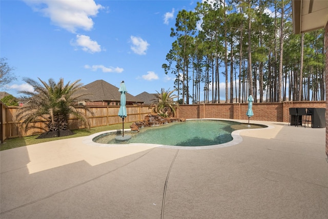 view of swimming pool featuring a fenced in pool, a fenced backyard, and a patio