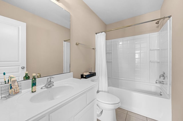 full bathroom featuring tile patterned flooring, shower / tub combo with curtain, vanity, and toilet