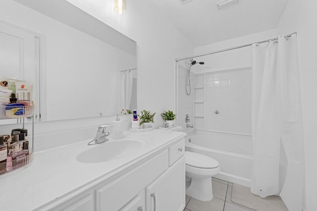 full bath with shower / tub combo with curtain, visible vents, toilet, vanity, and tile patterned flooring