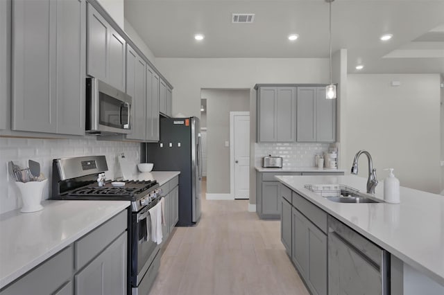 kitchen with stainless steel appliances, visible vents, a sink, and gray cabinetry