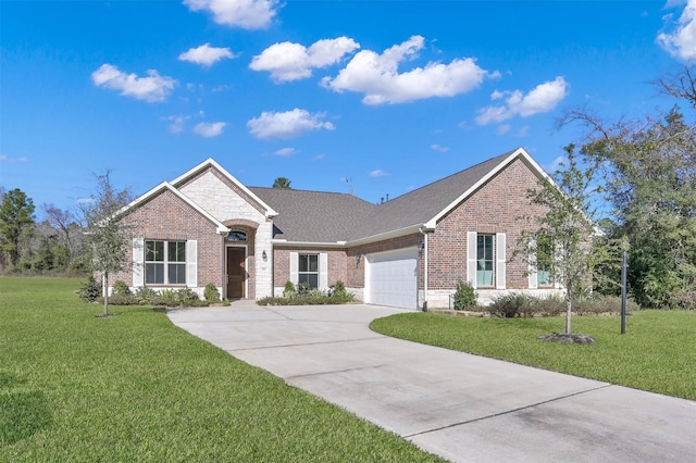 ranch-style house with an attached garage, driveway, a front lawn, and brick siding