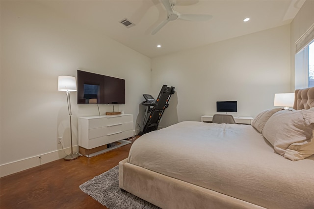 bedroom with recessed lighting, a ceiling fan, baseboards, visible vents, and finished concrete floors