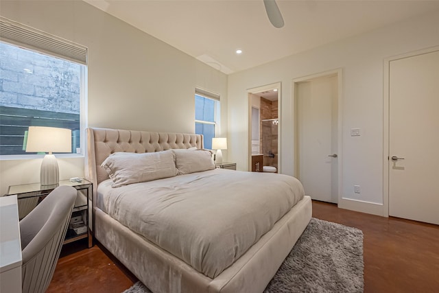 bedroom with recessed lighting, ceiling fan, and ensuite bathroom