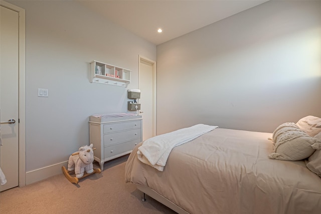 bedroom with carpet floors, recessed lighting, and baseboards