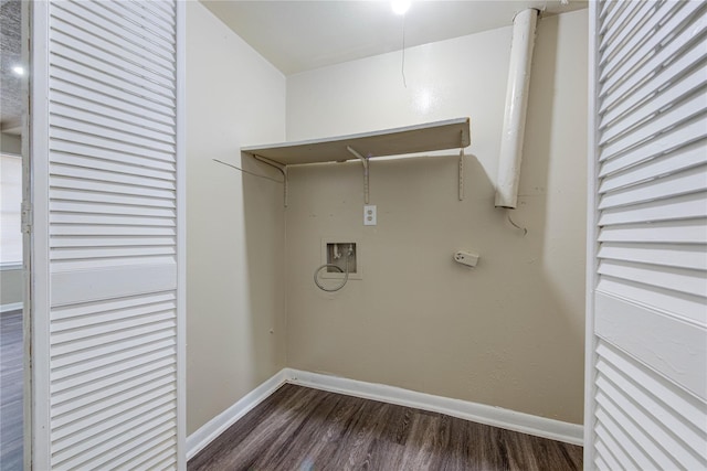 washroom with laundry area, hookup for a washing machine, baseboards, and dark wood-style flooring