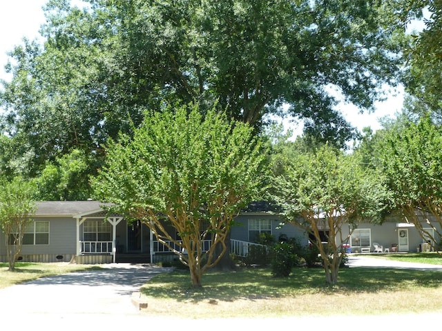 obstructed view of property with a front lawn and a sunroom