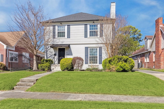 view of front of home with cooling unit, brick siding, roof with shingles, a chimney, and a front yard