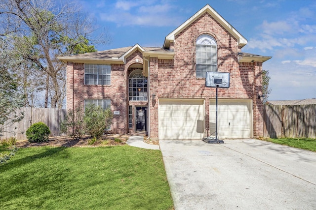 traditional-style home with a front yard, brick siding, fence, and driveway